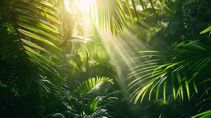 Sun rays shining through the leaves of palm trees in tropical forest.