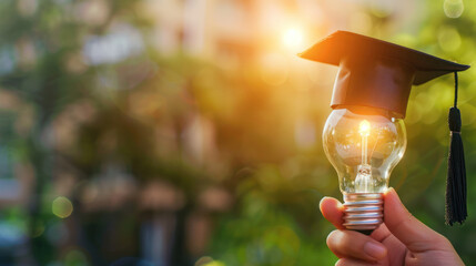 Person holding a light bulb with graduation cap.Concept of graduation. - 793865908
