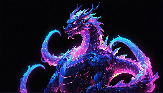 dragon purple neon light glowing statue on plain black background from Generative AI