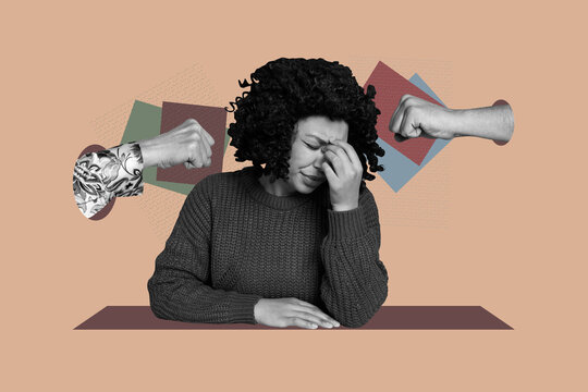 Composite photo collage of sad scared american girl hand show fist attack hate abuse insult racism problem isolated on painted background