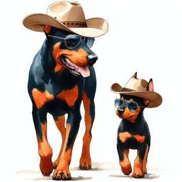 Doberman Pinscher Dog Father and Son  .  Happy Father's Day  Watercolor Clip Art. Greeting Postcard Art Cute Cartoon Character Drawing Illustration. For Dad and kids
