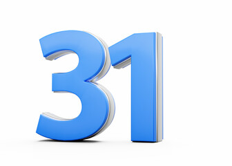 3D Number 31 Thirty One Made Of Blue Body With Silver Outline On White Background 3D Illustration