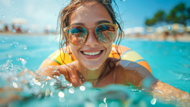 A woman with sunglasses and a swim ring in a cheerful splash