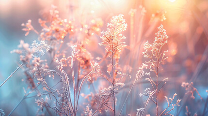 Frost-covered plants in winter forest at sunrise. 