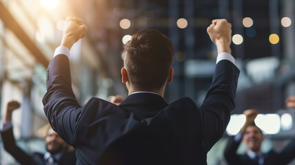 Celebrating success and confidence in team achievements, person standing back