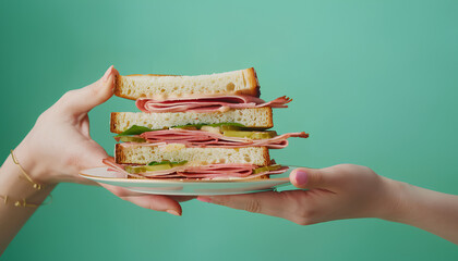 Female hand holding plate with delicious ham sandwich on green background - obrazy, fototapety, plakaty