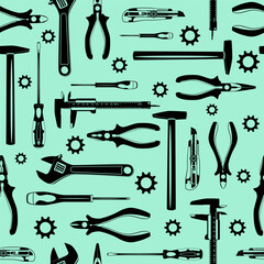 Work hand tools Black silhouettes seamless pattern, wallpaper, background.