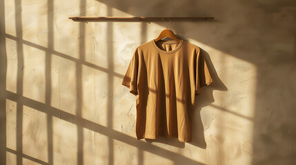 Naklejka premium Brown t shirt on hanger hanging from clothes rail with copy space on white background. Fashion, clothes, colour and fabric concept, brown t-shirt hanging with wood hanger on wall