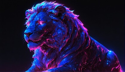 front facing lion blue neon light glowing statue on plain black background from Generative AI