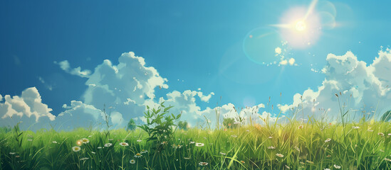 A beautiful summer landscape with green grass bathed in sunlight stretches under a clear blue sky