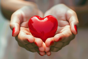 A woman holding a red heart. Blood donor