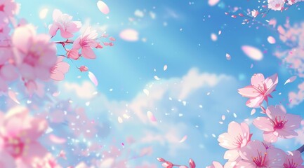 Cherry blossoms gracefully fluttering in the wind under a serene blue sky, creating a tranquil and picturesque scene - obrazy, fototapety, plakaty