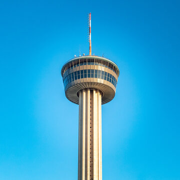 San Antonio city skyline Tower of America Hemisfair observatory tower and bright blue sky as a background