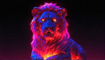 front facing lion red neon light glowing statue on plain black background from Generative AI