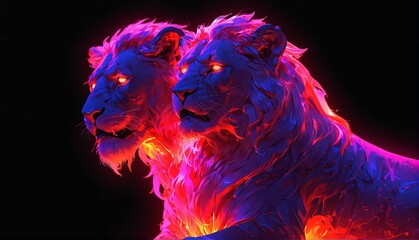 front facing lion red neon light glowing statue on plain black background from Generative AI - obrazy, fototapety, plakaty