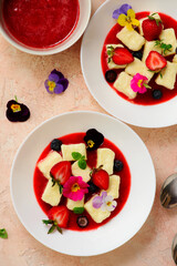 Curd Lazy dumplings with strawberry sauce.top veiw.style hugge