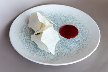 Elegant vegetable pâté with vibrant beetroot coulis and fresh herbs, plated artistically....