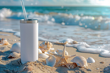 White tumbler cup on sandy beach with seashells 