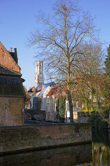 The junction of the Groenerei and Coupure canals: view towards the centre of Bruges with the Belfort tower in the distance.