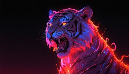 roaring tiger red neon light glowing statue on plain black background from Generative AI