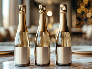 Three sparkling wine  bottles on table