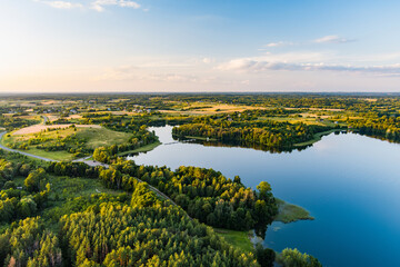 Beautiful aerial view of lake Galve, favourite lake among water-based tourists, divers and holiday makers, located in Trakai, Lithuania.