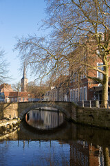 The junction of  Groenerei and Sint-Annerei canals, and the Molenbrug bridge, Bruges, Belgium