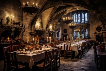 Fototapeta na wymiar A Majestic Medieval Banquet Hall Illuminated by Candlelight, with Long Wooden Tables Laden with Feast, and Stone Walls Adorned with Tapestries