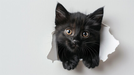 Cute kitten sticking its head out of the hole in white paper background