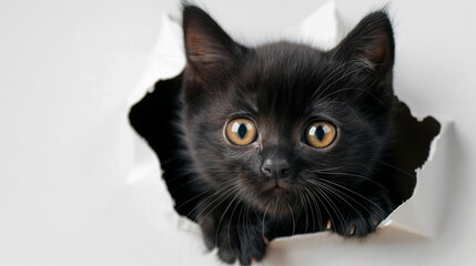 Cute kitten sticking its head out of the hole in white paper background