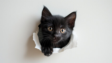 Cute kitten sticking its head out of the hole in white paper background
