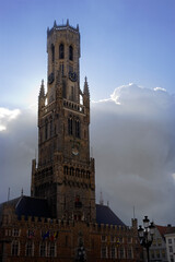 The soaring gothic Belfort, or Belfry Tower of the Market Hall dominates the Markt, Brugge, Belgium
