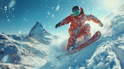 An extreme snowboarder on mountains in action