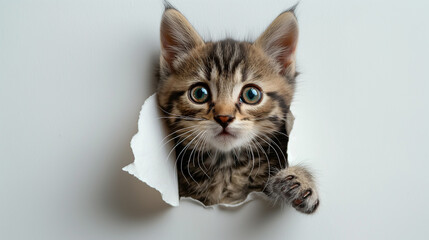 Cute kitten sticking its head out of the hole in white paper background