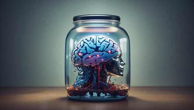 A brain floating in a jar with a blue liquid