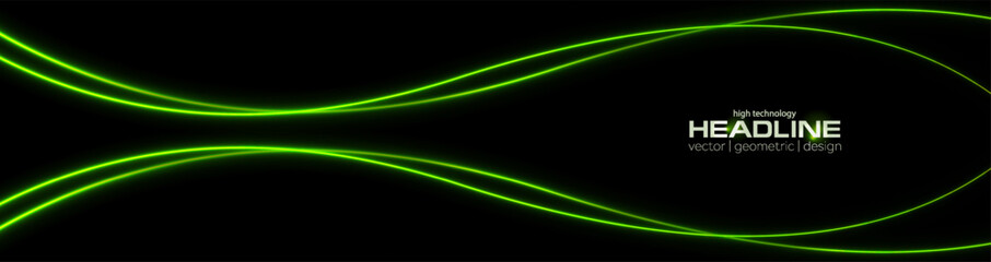 Bright green neon wavy lines abstract shiny retro background. Futuristic glowing vector banner design