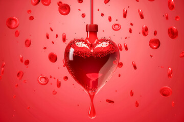 Red heart with blood sells on red background. Blood doner