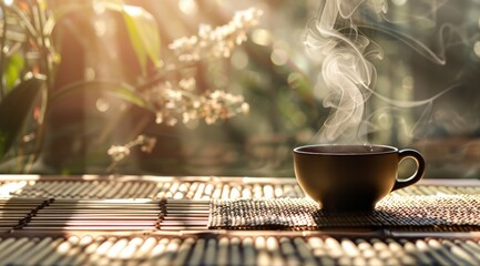 A cup of hot, steaming black tea placed on a bamboo mat outdoors, inviting a moment of relaxation and tranquility - obrazy, fototapety, plakaty