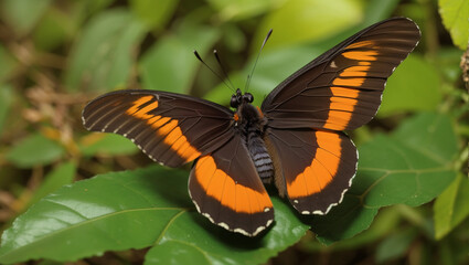 A dark butterfly with bright orange markings on its wings is perched on a green leaf