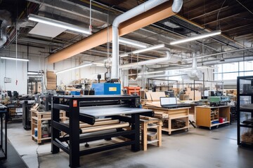 A bustling print shop with employees working on various projects, from large format printing to custom t-shirt designs - obrazy, fototapety, plakaty