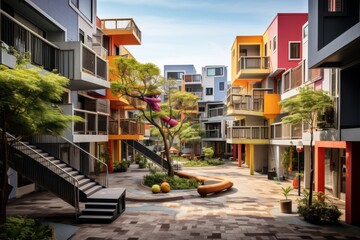 Modern Apartment Complex with a Shared Courtyard Featuring a Children's Playground and Lush Greenery