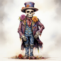 Watercolor Dressed Skeleton Illustration, Generative Ai