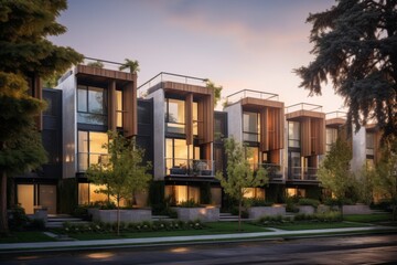 Compact, Modern Townhomes Arranged in a Cozy Neighborhood with a Shared Communal Pool and Green Spaces