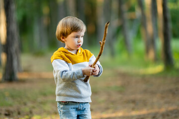 Cute little boy having fun outdoors on sunny summer day. Child exploring nature. Kid going on a trip. - 793871318