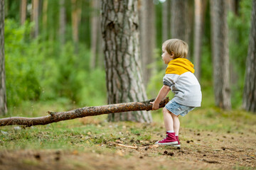 Cute little boy having fun outdoors on sunny summer day. Child exploring nature. Kid going on a trip. - 793871328