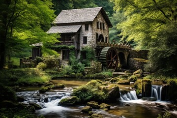 Fototapeta na wymiar A Rustic Water Mill Nestled in the Heart of a Lush Green Forest, with Crystal Clear Water Cascading Over Weathered Stones