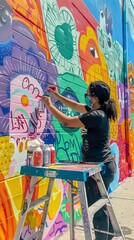 Fototapeta premium Graffiti artist at work, painting with bright colors, street art, creative outdoor activity.