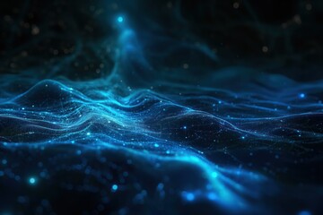 Glowing blue wireframe wavy topographic tech background. Generative AI - obrazy, fototapety, plakaty