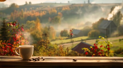 Cup of coffee with a summer view of the countryside. Generative AI