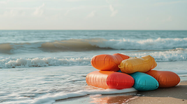 Colorful Inflatable Pillows Washing Ashore on a Sunny Beach